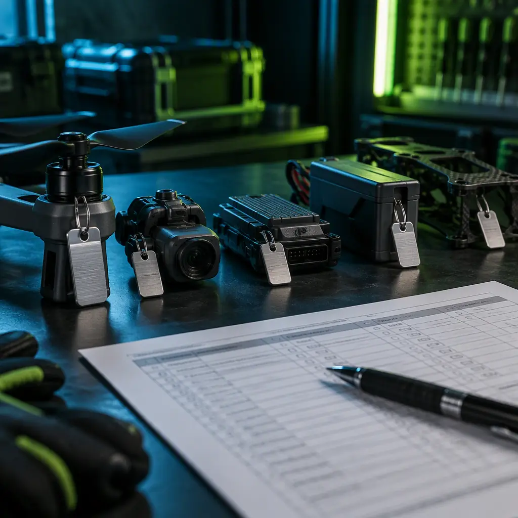 Photorealistic photograph of serialised UAV components laid out on a dark bench each bearing a small engraved identification tag, with a printed maintenance worksheet and a pen beside them, teal and lime green accent lighting, no readable text, no people faces, no logos