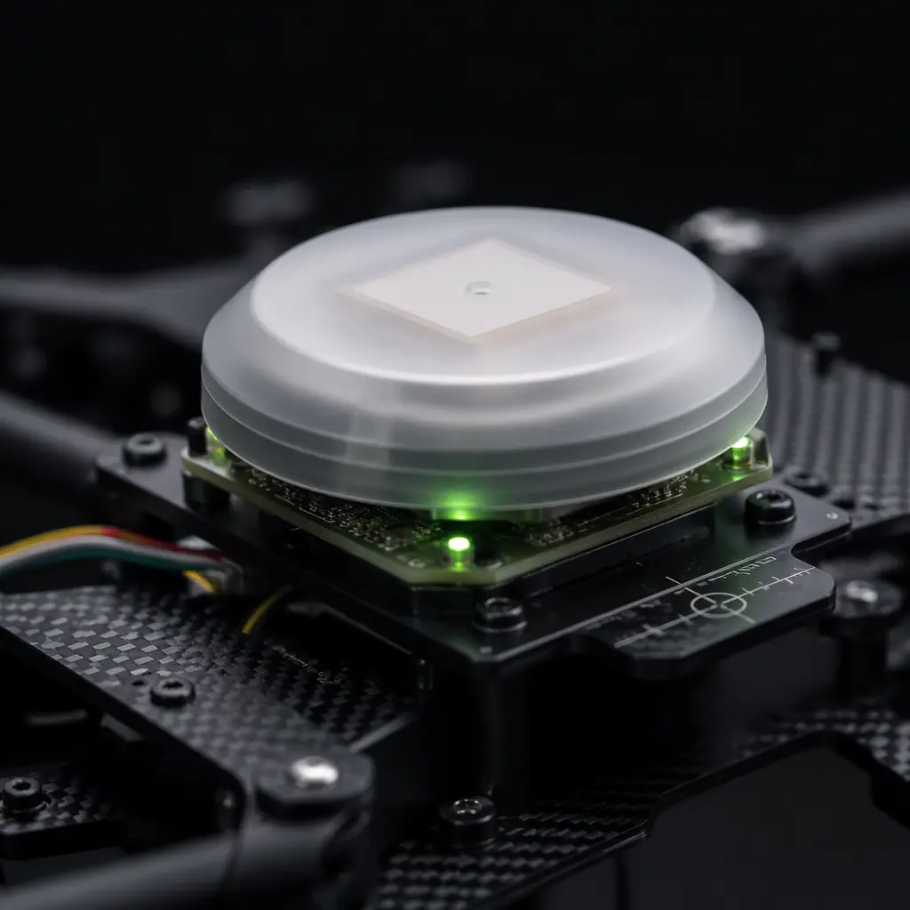 Close-up of survey-grade GNSS antenna mounted on UAV with RTK receiver module, precision engineering aesthetic, dark background