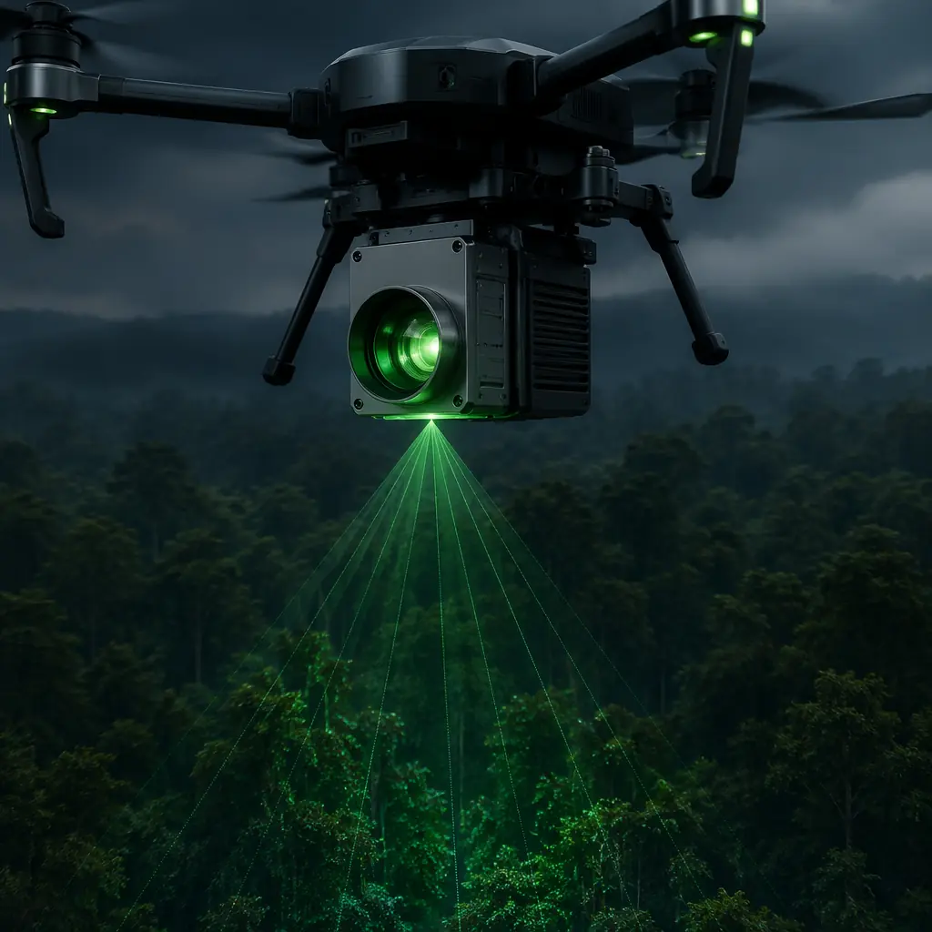 LiDAR scanner mounted on UAV with integrated IMU and GNSS, emitting laser pulses through forest canopy, dark industrial aesthetic