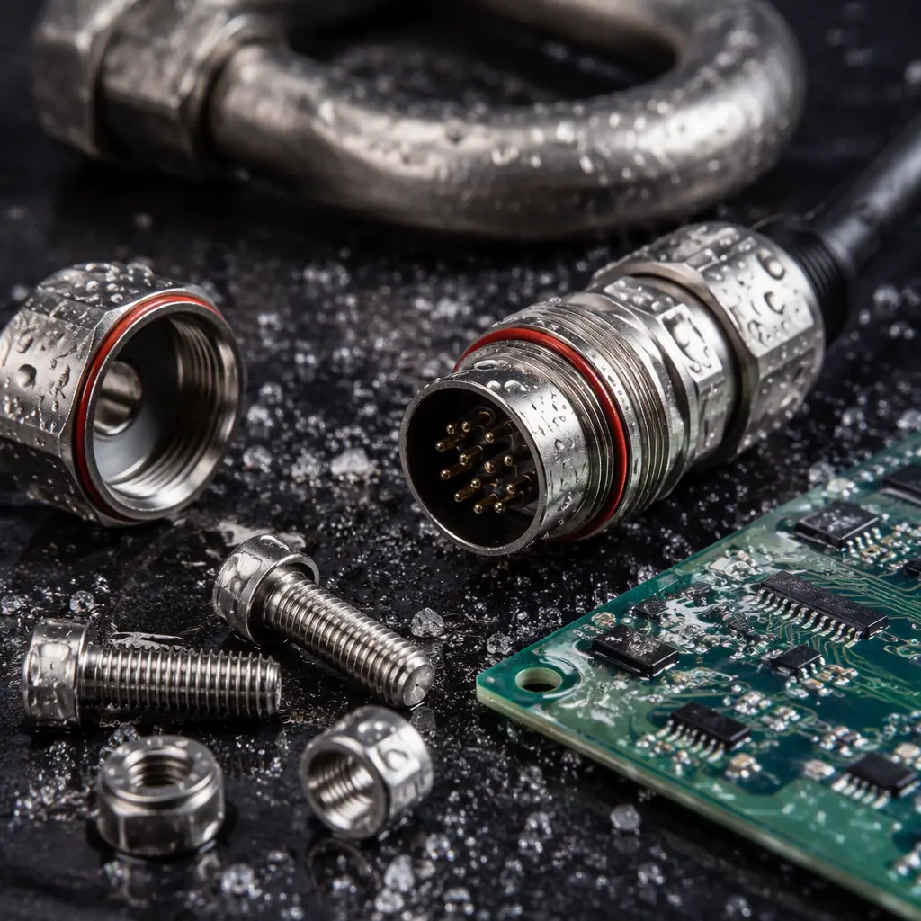 Macro photograph of marine-grade stainless steel fasteners and a sealed waterproof circular connector with O-ring and conformal-coated circuit board on a dark bench, salt crystals on the metal surface, studio product photography, no people faces, no text, no logos