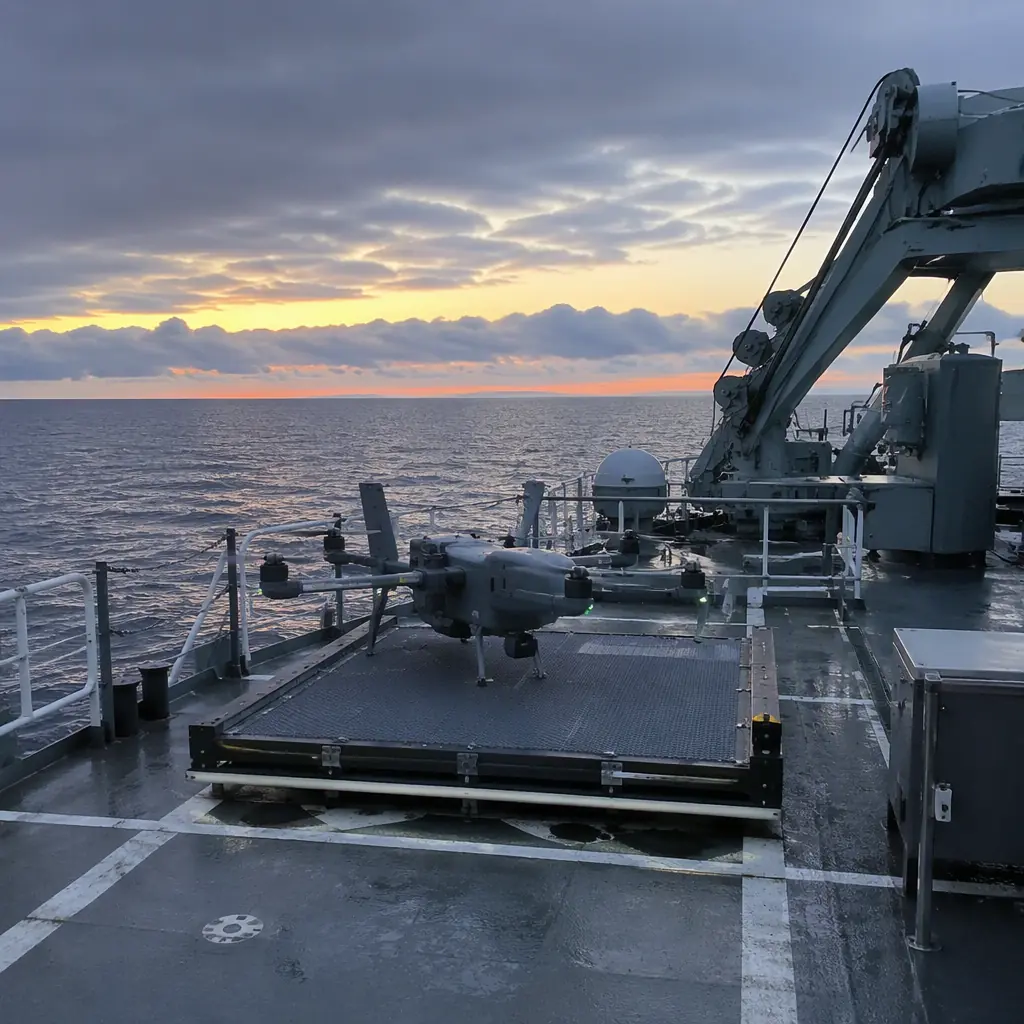 Photograph of a ship deck launch area at dawn with a compact VTOL UAV on a small launch pad beside marine equipment, ocean in background, industrial maritime atmosphere, no people faces, no text, no logos