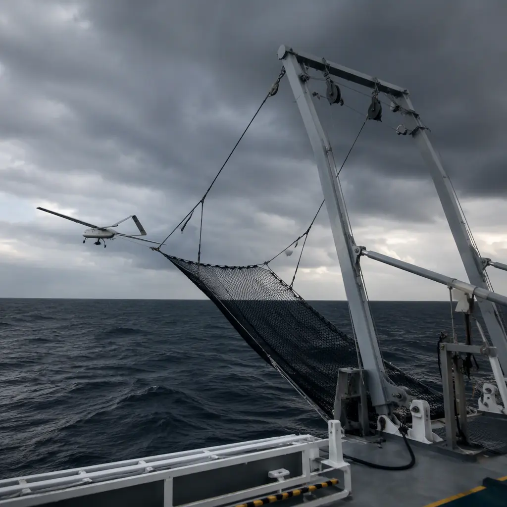 Photograph of a net recovery system rigged on the stern of a survey vessel with a fixed-wing UAV approaching, dark ocean background, dramatic overcast light, no people faces, no text, no logos