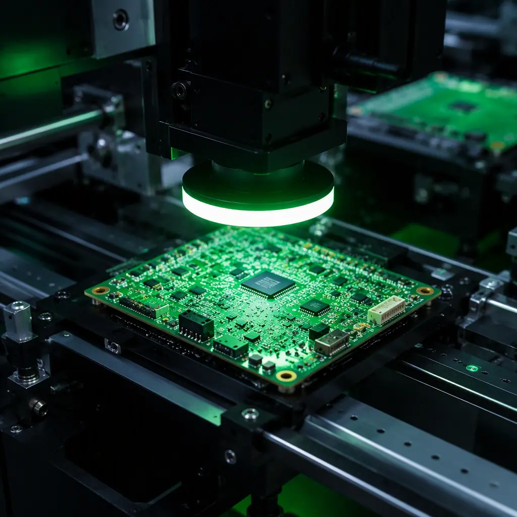 Automated optical inspection machine scanning a UAV flight controller PCB — camera head traversing the board surface with green inspection illumination, surface-mount electronics on the conveyor, dark factory environment with precision instrumentation, professional manufacturing photography, no people faces, no text, no logos
