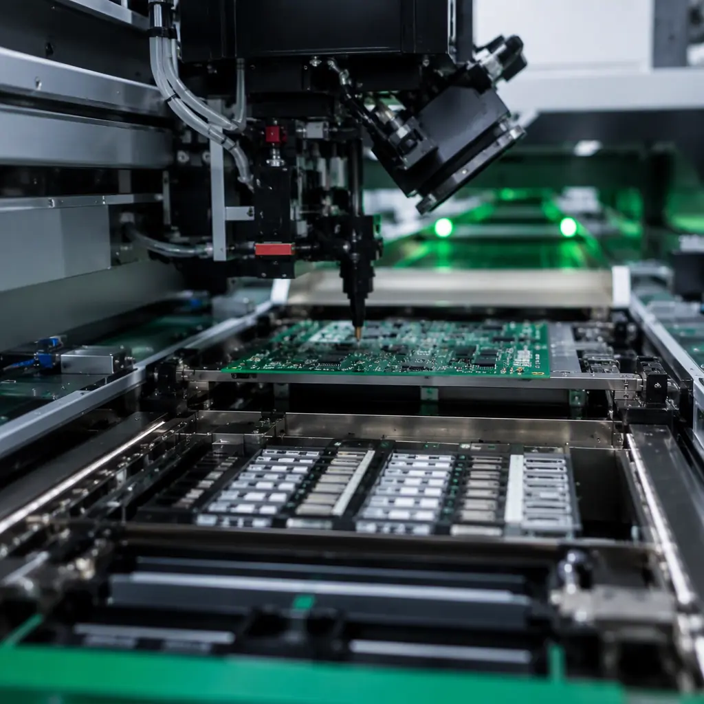Surface-mount assembly line producing UAV avionics — pick-and-place machine placing components on a circuit board, reflow oven in the background, clean factory environment with green status lighting, professional electronics manufacturing photography, no people faces, no text, no logos