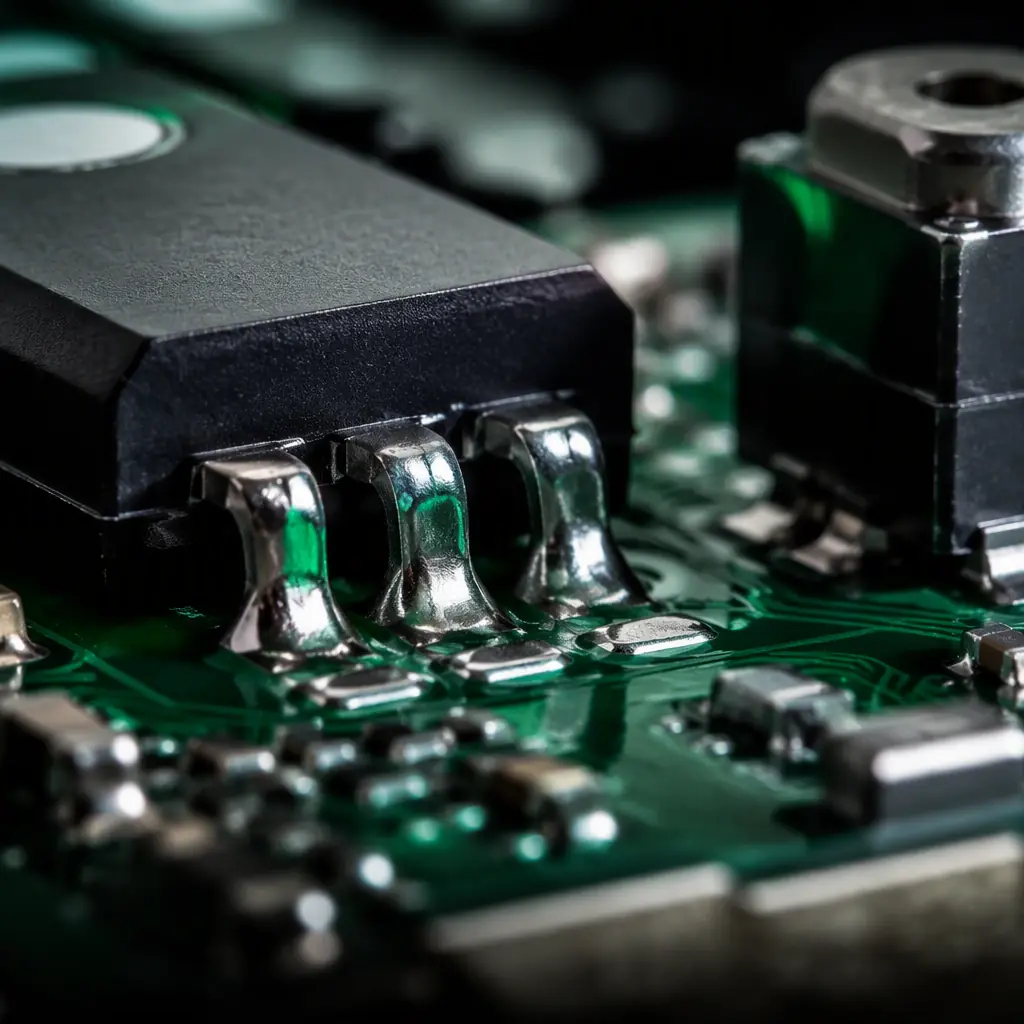 Macro photograph of precision solder joints on a UAV ESC power board — clean shiny solder fillets on surface-mount components and power MOSFETs, microscope view with sharp focus, dark laboratory lighting with green accent, professional electronics inspection photography, no people faces, no text, no logos