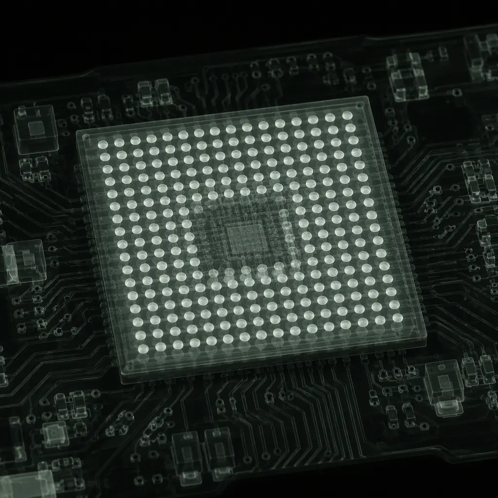 X-ray inspection image of BGA solder joints on a UAV flight controller — circular solder balls with visible void structure under the ball grid array package, dark background with green-tinted imaging, precision electronics inspection photography, no people faces, no text, no logos