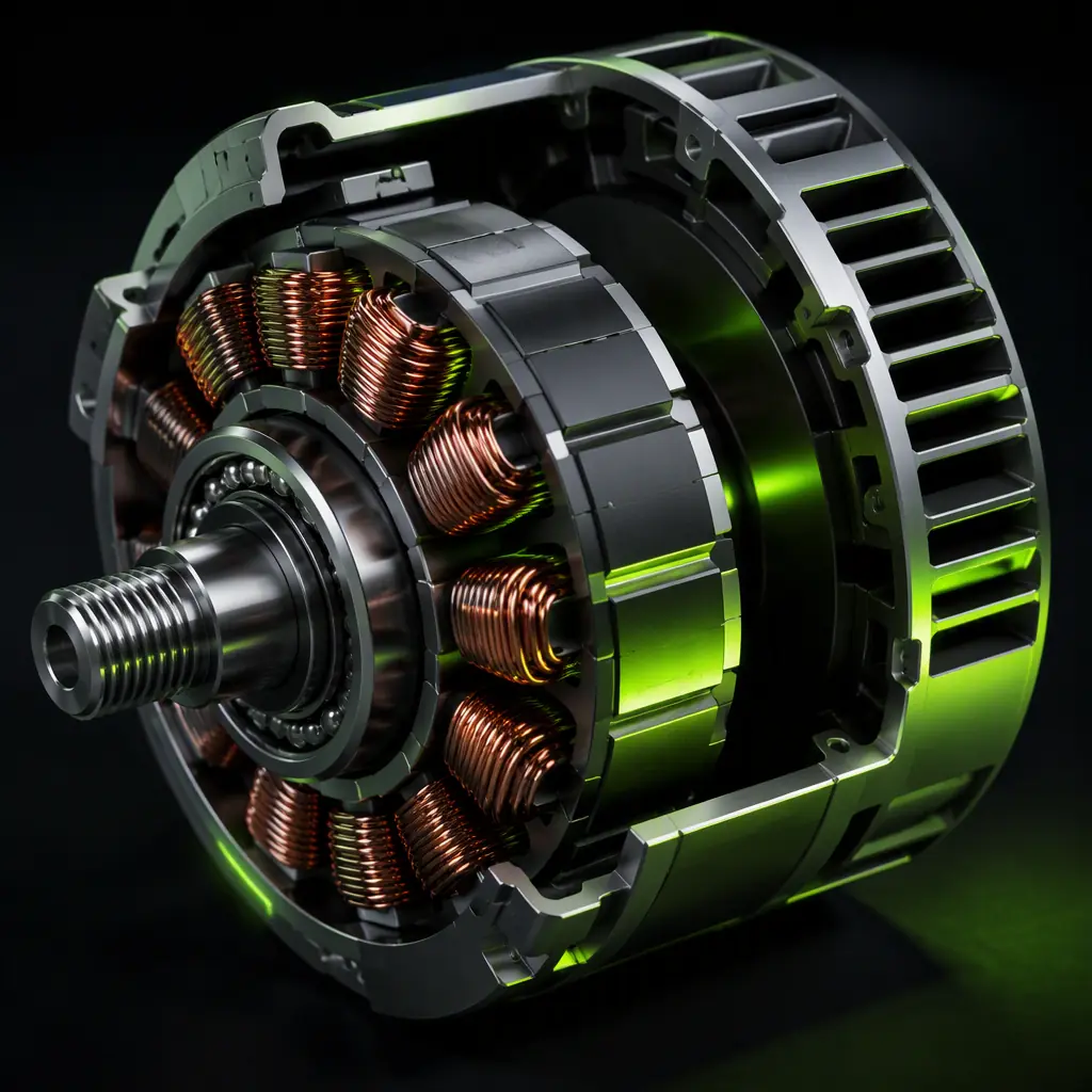 Photorealistic 3D cross-section render of UAV outrunner brushless motor — copper windings visible in stator slots, NdFeB permanent magnets in rotor bell, precision-machined aluminum housing, dark aerospace engineering aesthetic with green accent light reflecting off copper surfaces