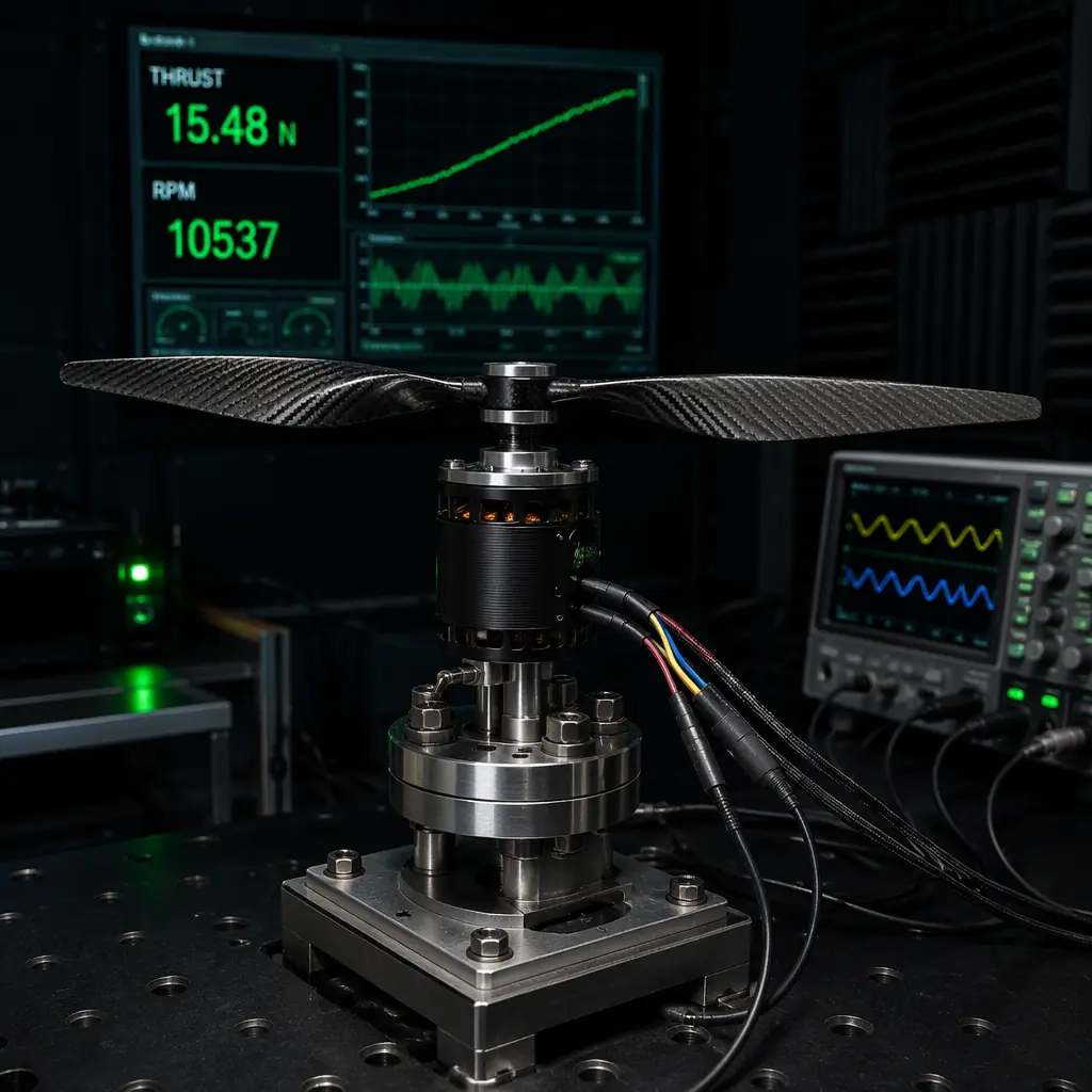 UAV motor on thrust test stand — outrunner motor mounted vertically on load cell with propeller, data acquisition system with digital display showing thrust, torque and RPM readings, dark laboratory environment with green LED indicators, aerospace testing aesthetic