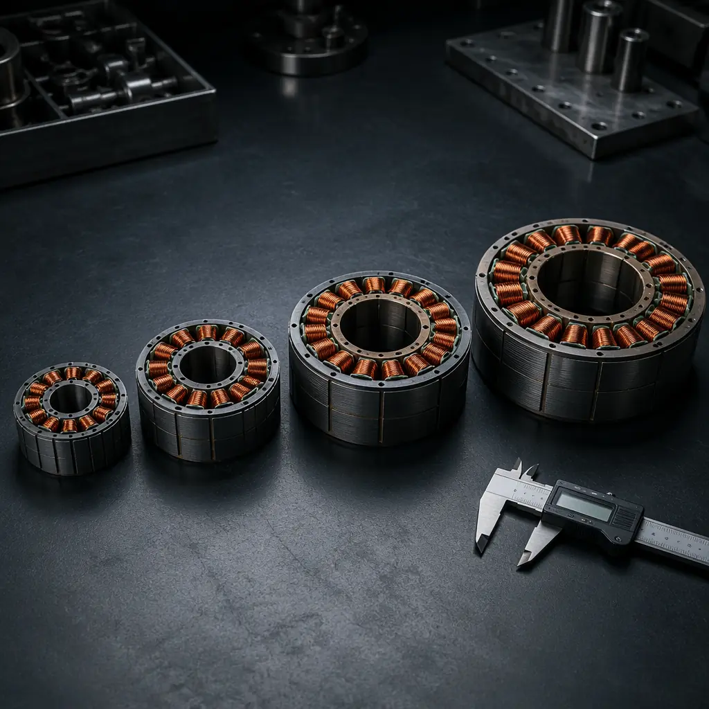 Four UAV brushless motor stators of increasing diameter arranged side by side — 35mm, 41mm, 52mm and 62mm — showing copper winding density and stator lamination stack, precision motor engineering comparison aesthetic with calipers for scale