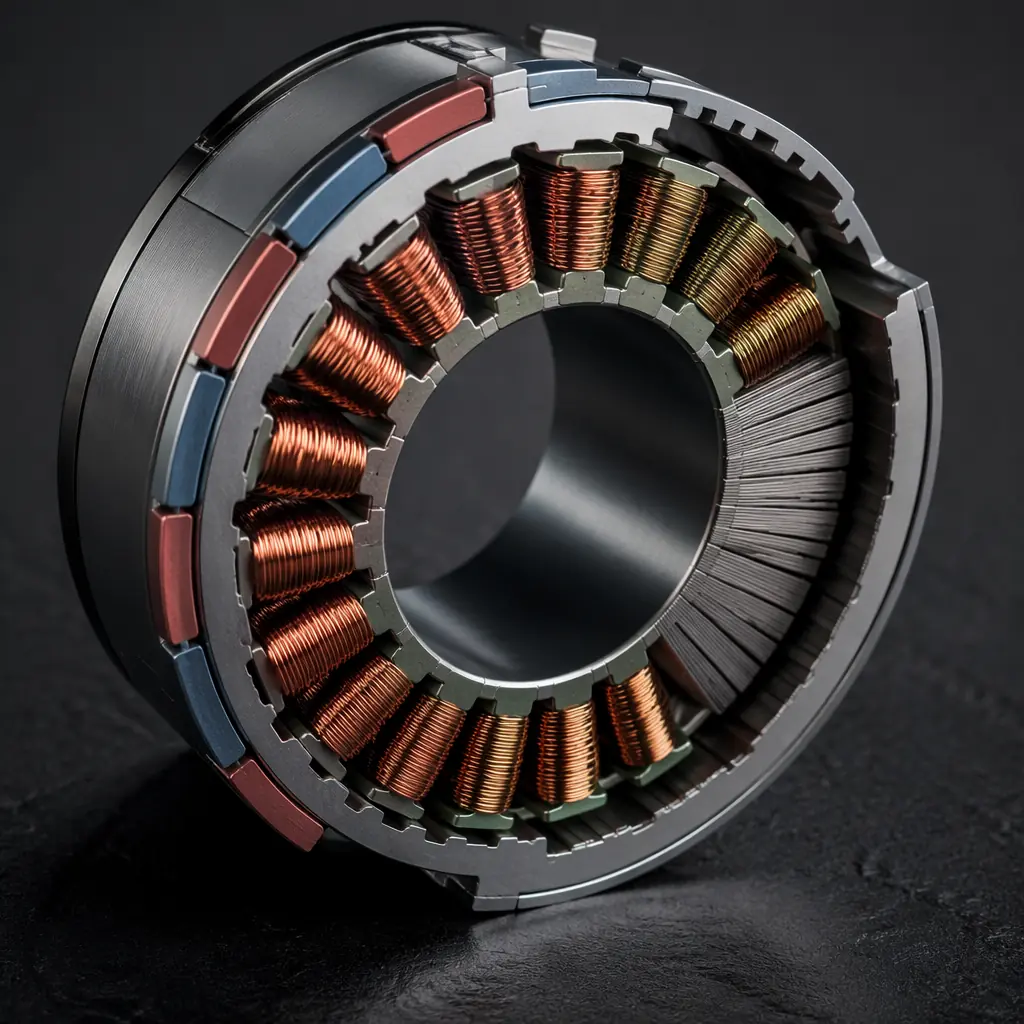 Cross-section render of UAV brushless motor stator showing copper windings around laminated stator teeth, neodymium magnet rotor ring with alternating pole orientation, precision mechanical cross-section aesthetic with dark background and green accent highlights