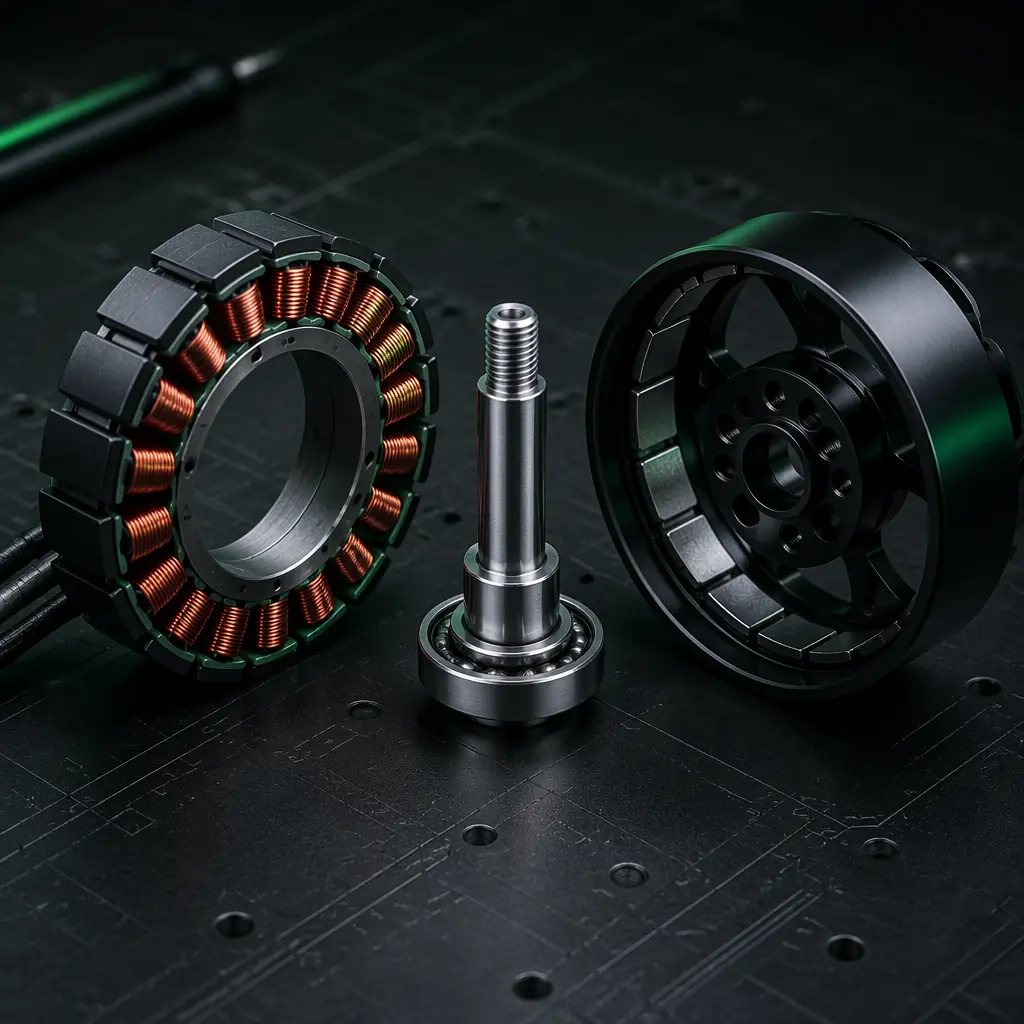 Disassembled UAV outrunner motor components on dark workbench surface — stator with copper windings on left, rotor bell with NdFeB magnets visible inside on right, precision bearing and shaft assembly in center, aerospace component photography with signal green accent