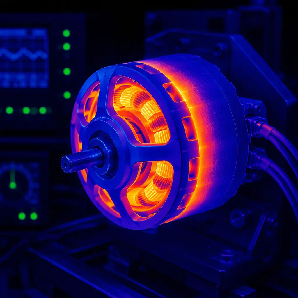 Thermal camera view of UAV motor during bench testing — outrunner motor with heat signature showing winding temperature distribution, rotor bell and stator clearly visible in thermal gradient from blue to red, dark laboratory setting with instrumentation, aerospace thermal diagnostic photography