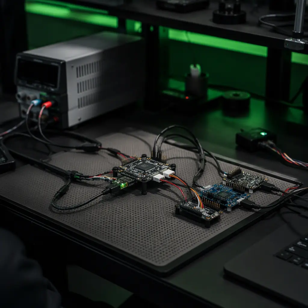 Hardware-in-the-loop simulation bench for UAV flight software — flight controller connected to a bench setup with power supply, interface boards and a monitor showing a virtual flight scene, dark lab with green accent light, no people faces, no text, no logos