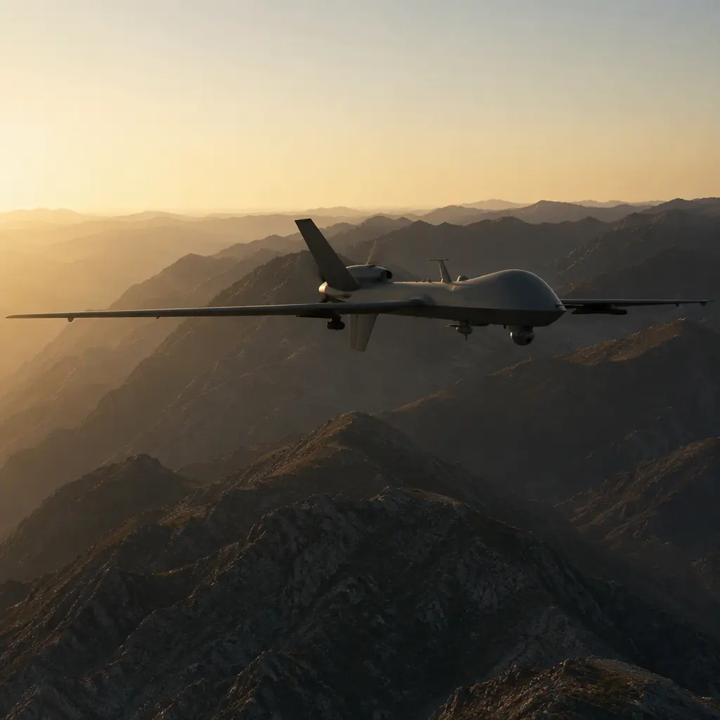 Industrial UAV flying over mountainous terrain during a terrain-following mission — aircraft silhouette against a ridge line at golden hour, sensor gimbal beneath the airframe, no people faces, no text, no logos