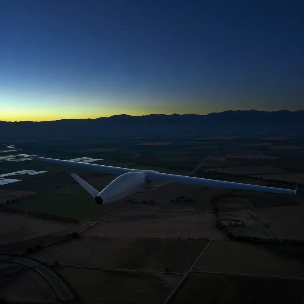 Fixed-wing UAV in level cruise over agricultural fields at dusk, long straight wing with clean airflow, dark blue sky with green horizon glow, no people faces, no text, no logos