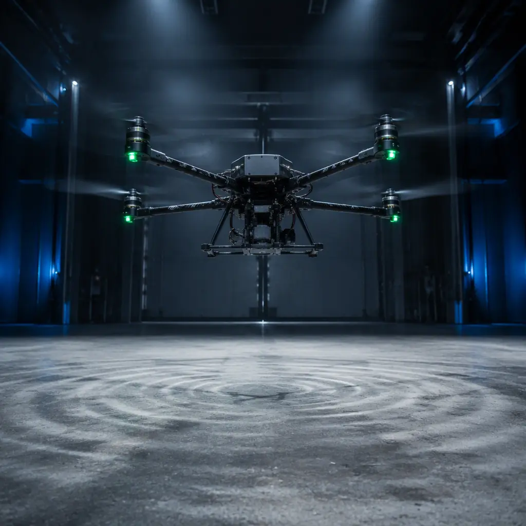 Multirotor UAV hovering over a concrete test pad with visible downwash on the surface, dark industrial hangar environment, signal green accent lighting on the frame, no people faces, no text, no logos
