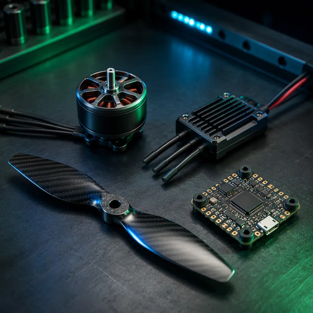 UAV propulsion component stack on an engineering bench — brushless motor, ESC, propeller and flight controller arranged as a matched set, dark workbench with signal green and aero blue accent lighting, no people faces, no text, no logos