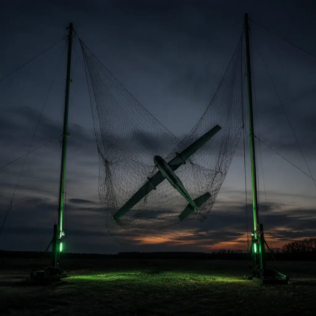 Fixed-wing UAV caught in a vertical net recovery system on a field with cables and poles visible, dusk lighting, dark professional photography with green accent lighting, no people faces, no text, no logos