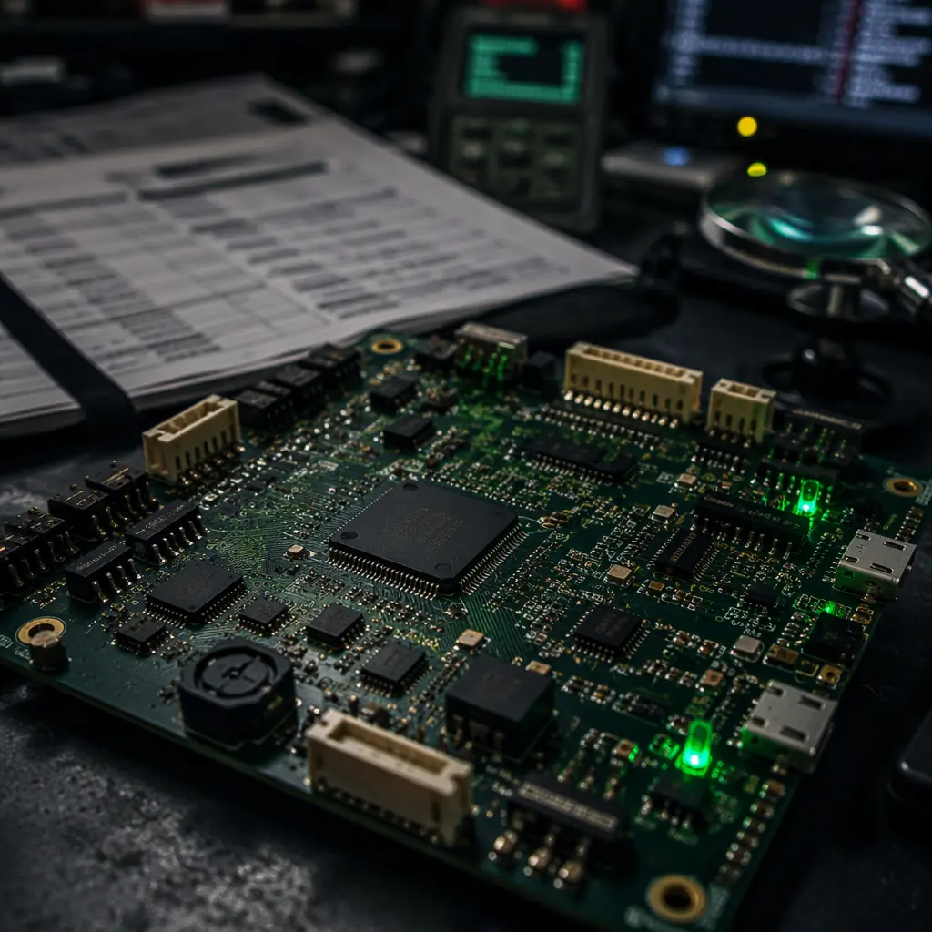 UAV flight controller PCB with EOL-risk components highlighted — aging STM32 microcontroller, legacy connector, discontinued voltage regulator, engineering workbench with component lifecycle documentation and obsolescence analysis tools, dark tech aesthetic