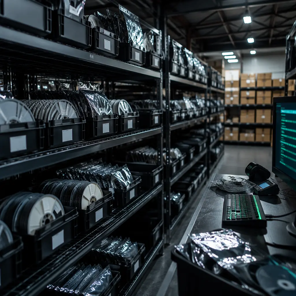 UAV component inventory warehouse — organized component storage with ESD-safe bins, lifetime buy stock labeled with EOL dates, component reels in moisture-barrier packaging, dark industrial warehouse with green inventory management display, professional logistics photography