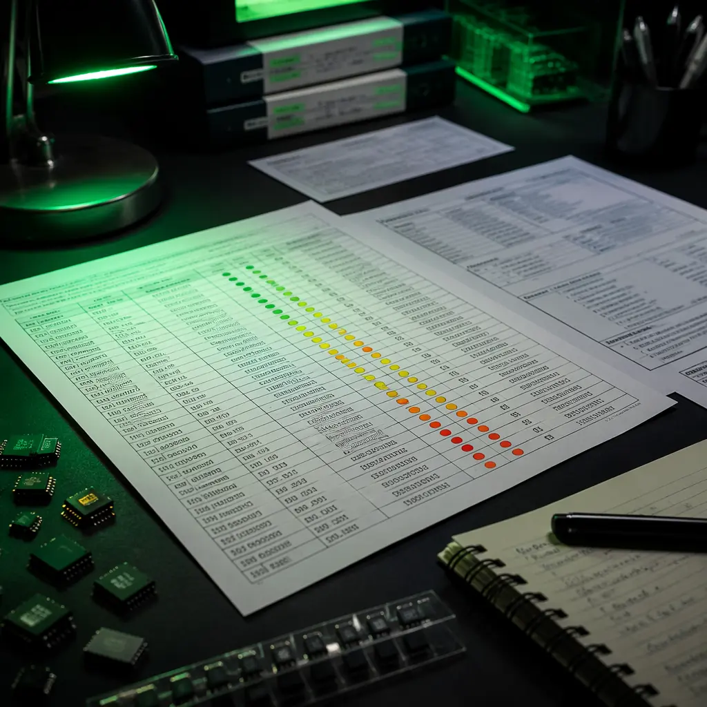 Component obsolescence risk matrix — engineering BOM spreadsheet with color-coded risk scores, semiconductor lifecycle charts, component datasheets spread across dark desk, green LED task lighting, precision procurement photography