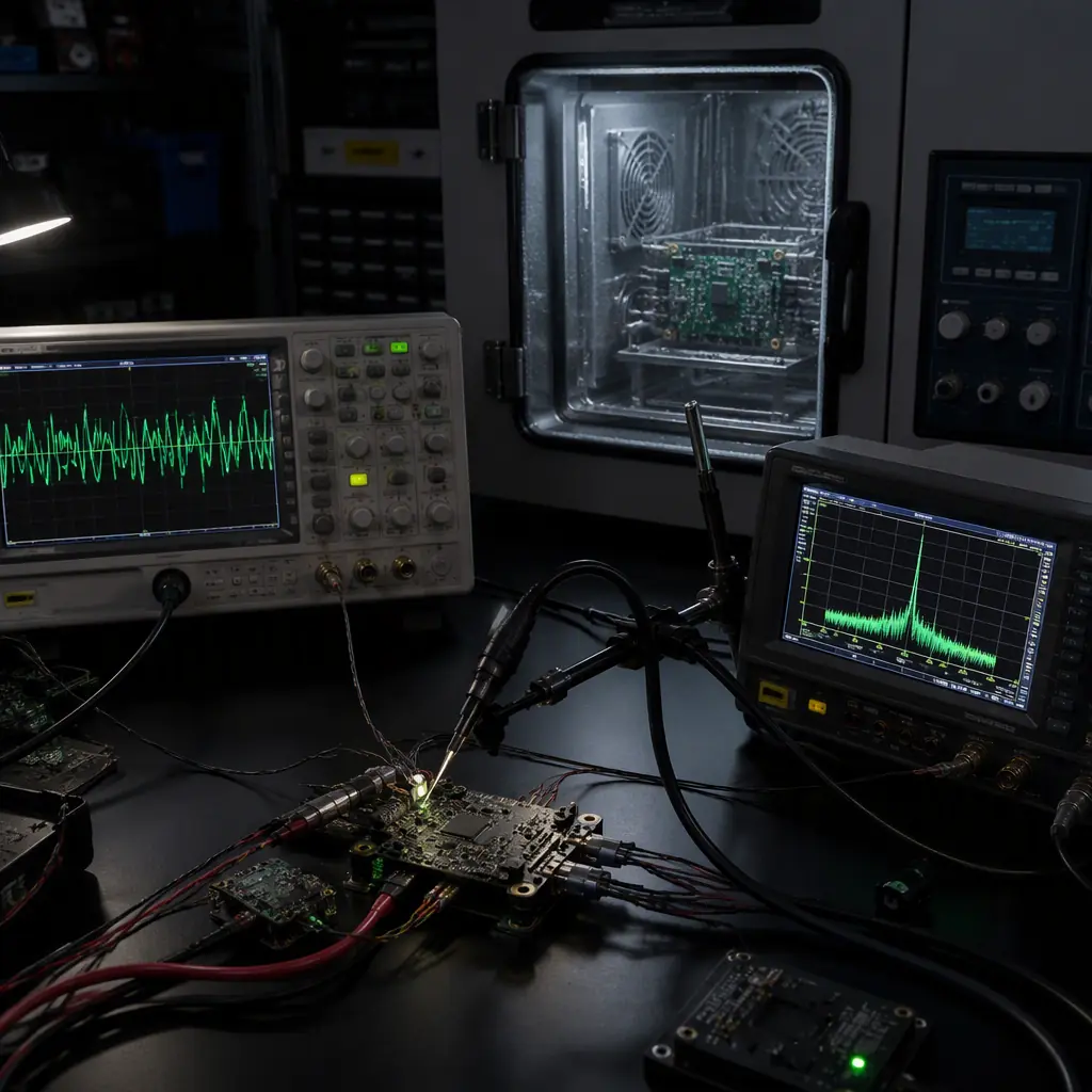 UAV component qualification test bench — oscilloscope probing flight controller, thermal chamber with test board, spectrum analyzer monitoring EMI emissions, dark electronics lab with green instrument displays, professional aerospace testing photography