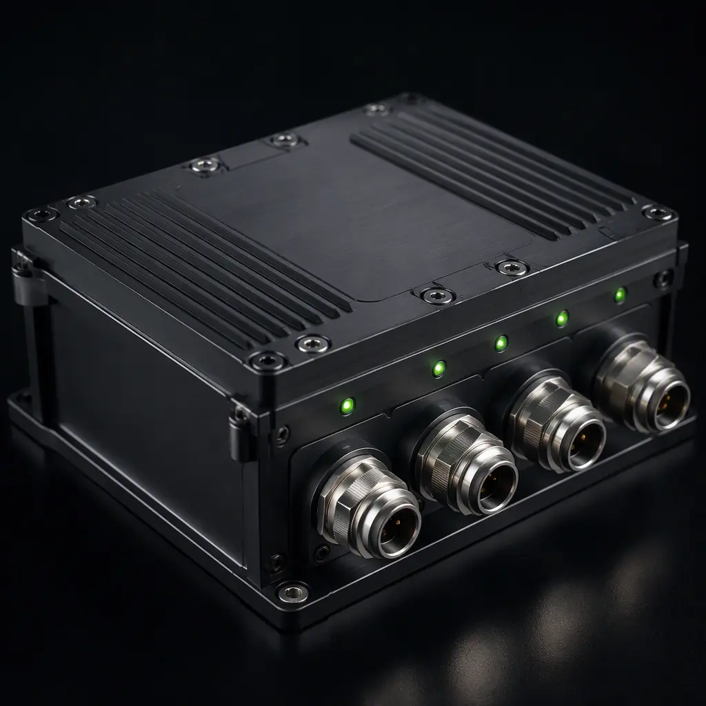 Macro photograph of a sealed intrinsically safe electronics enclosure with flameproof connector glands and green status LED indicators on a dark engineering bench, precision industrial aesthetic, no people faces, no text, no logos