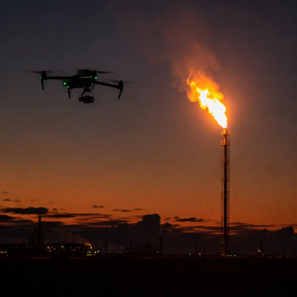 Photograph of a UAV with a thermal camera gimbal hovering at distance from an industrial flare stack at dusk, flame glow and heat shimmer in the background, dark sky, aircraft with green status LEDs, no people faces, no text, no logos