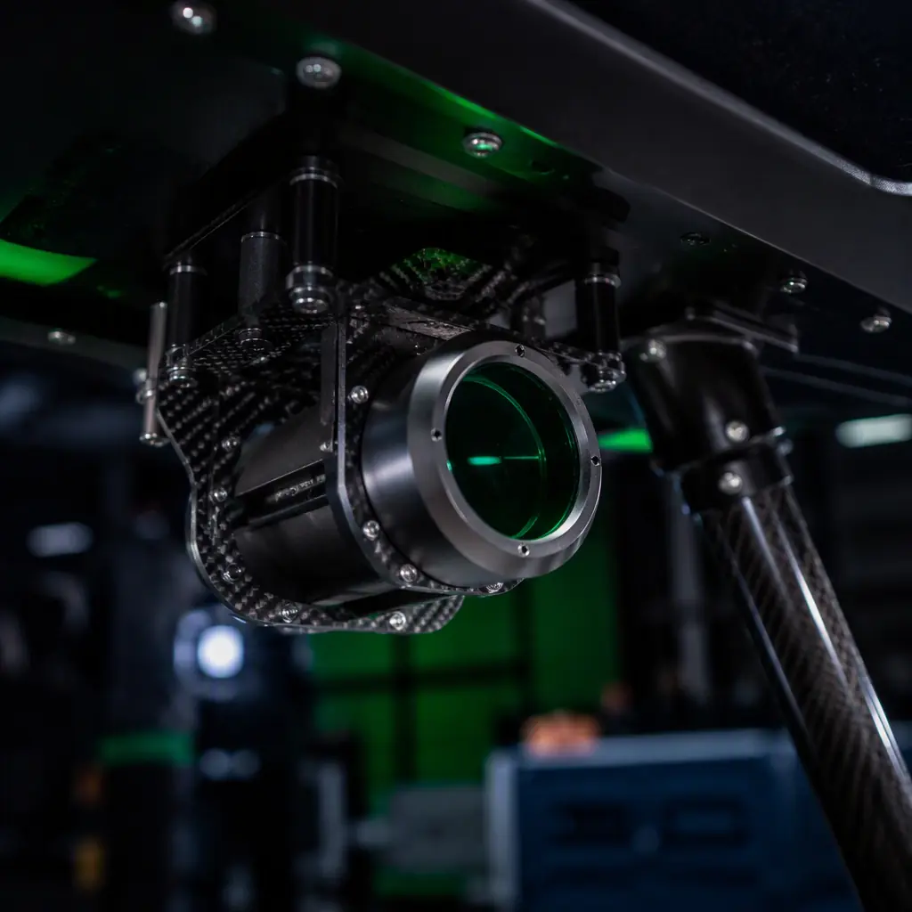 Close-up photograph of a laser-based methane detection sensor module mounted under a UAV fuselage, optical aperture visible, dark workshop background with green accent lighting, precision instrumentation aesthetic, no people faces, no text, no logos