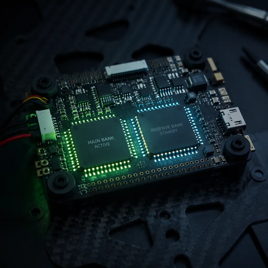 UAV flight controller with dual firmware flash banks — two identical memory chips side by side on dark PCB, one active one standby, green and blue accent glow, photorealistic 3D render, no people faces, no text, no logos