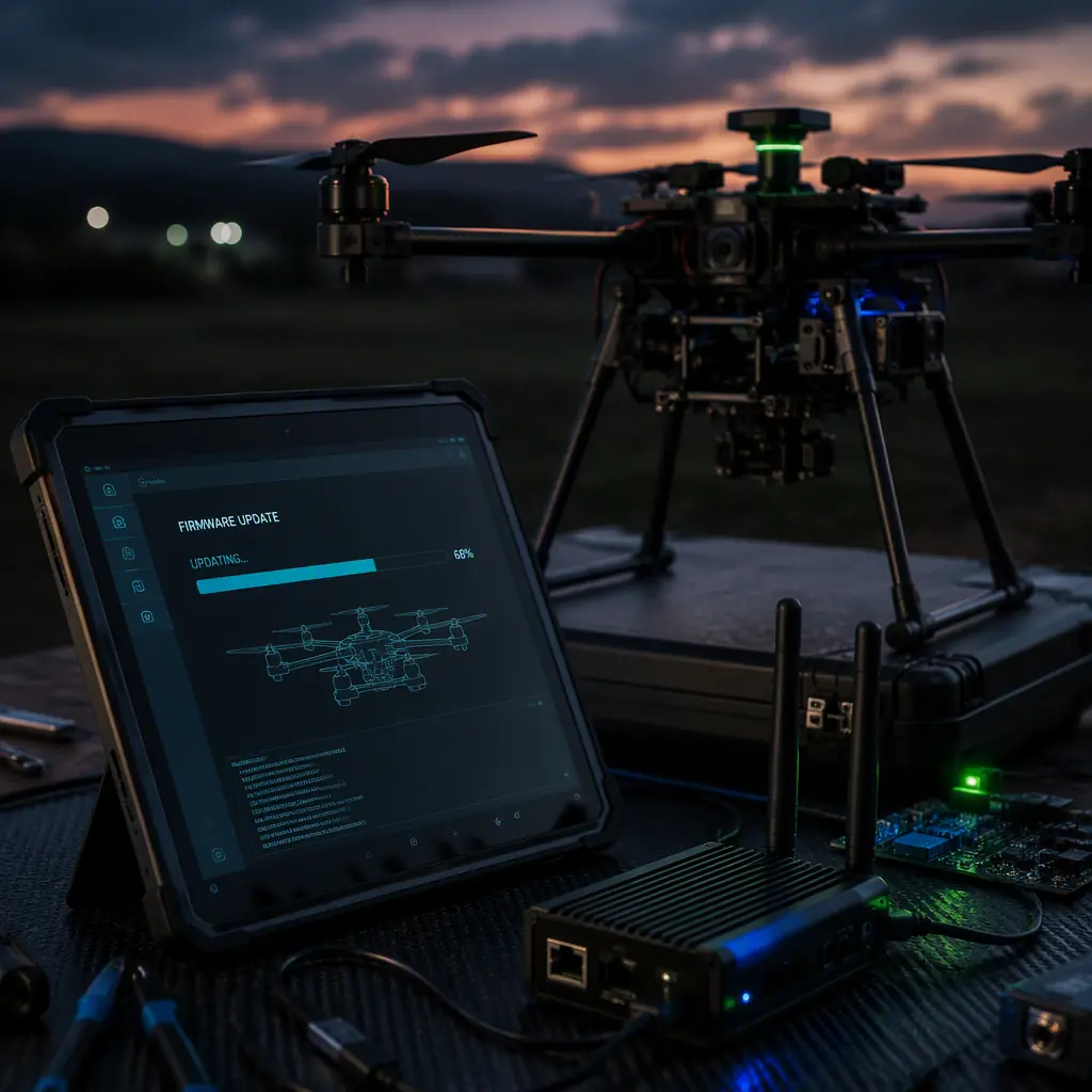 UAV technician with a tablet showing firmware update progress next to an industrial multirotor on a field stand, radio telemetry module visible, dusk outdoor engineering scene, no people faces, no text, no logos