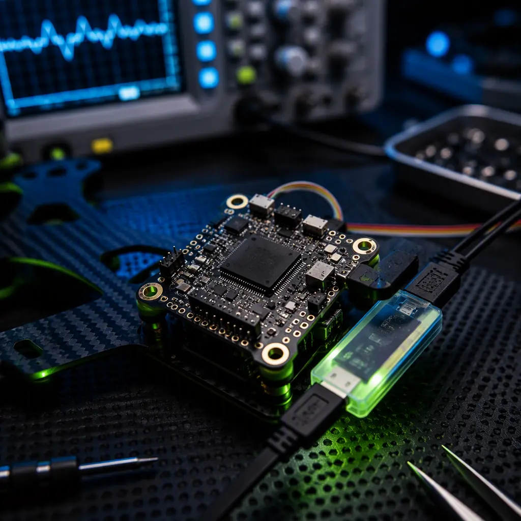 UAV flight controller memory module being reflashed via USB programming tool on a lab bench — oscilloscope in background, protective anti-static mat, dark engineering environment with green accent light, no people faces, no text, no logos