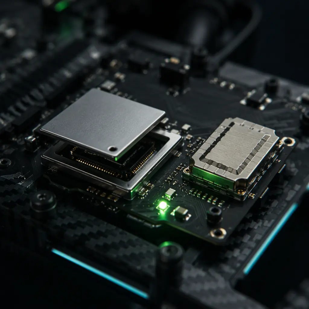 Secure element chip on a UAV flight controller PCB — cryptographic signature module with tamper-resistant shield can and green LED status indicator, macro photography on dark bench, no people faces, no text, no logos