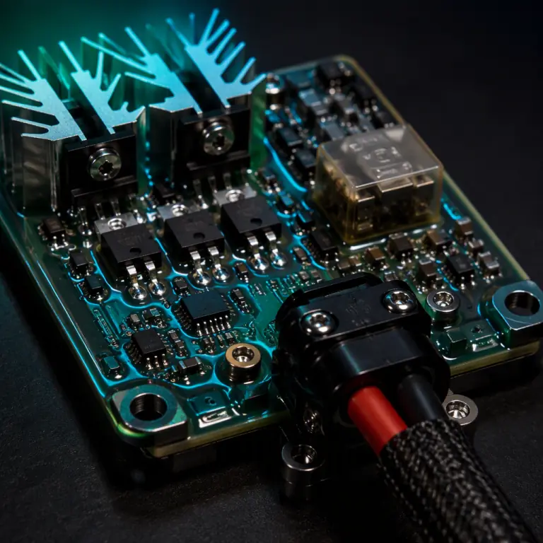 Close-up photograph of a small UAV payload interface circuit board on a dark surface, showing redundant power MOSFETs with metal heatsinks, a sealed relay, conformal-coated traces, and a pair of heavy-gauge output wires in an armored sleeve, teal and lime-green accent lighting, precision electronics laboratory aesthetic, photorealistic, no people faces, no text, no logos