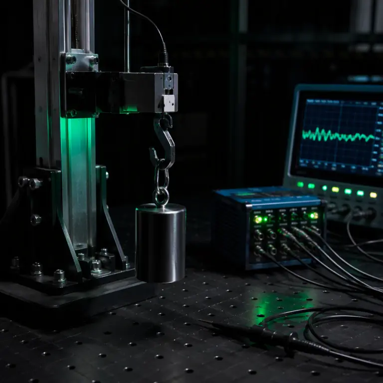 Photograph of a ground test bench for a UAV release system: a payload release hook clamped on a load cell stand holding a suspended test weight, with a data logger and an oscilloscope probe connected, dark laboratory, green and teal LED glow, precision measurement equipment aesthetic, photorealistic, no people faces, no text, no logos