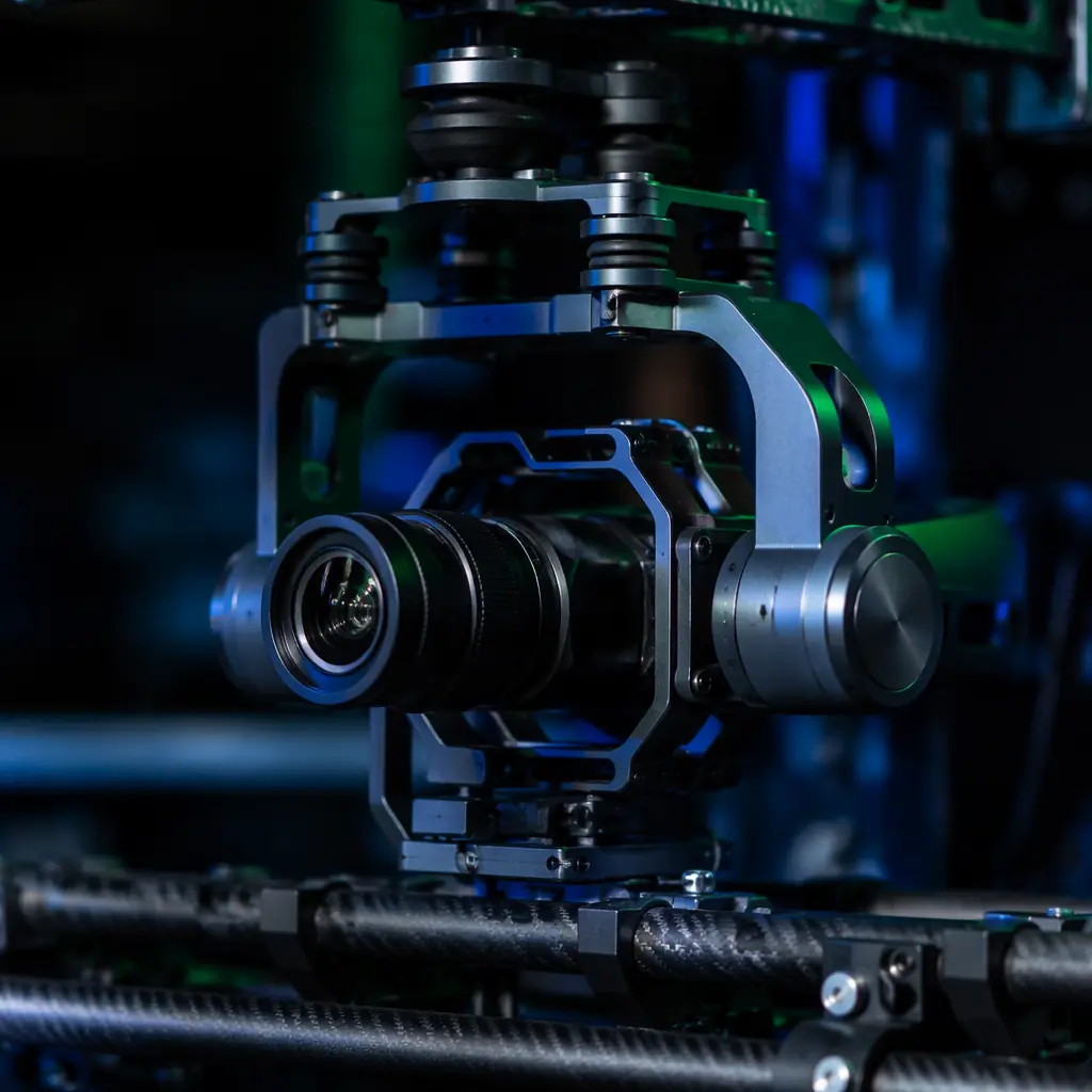 Professional 3-axis stabilized gimbal with camera payload mounted on UAV, dark engineering studio lighting