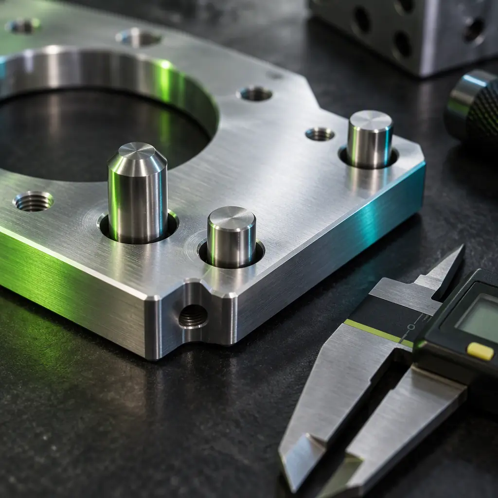 Photorealistic macro photograph of a machined aluminium payload interface plate resting on a dark surface with an indexing pin and a pair of precise locating features visible, calipers partially in frame, lime green and teal accent lighting, no readable text, no people faces, no logos