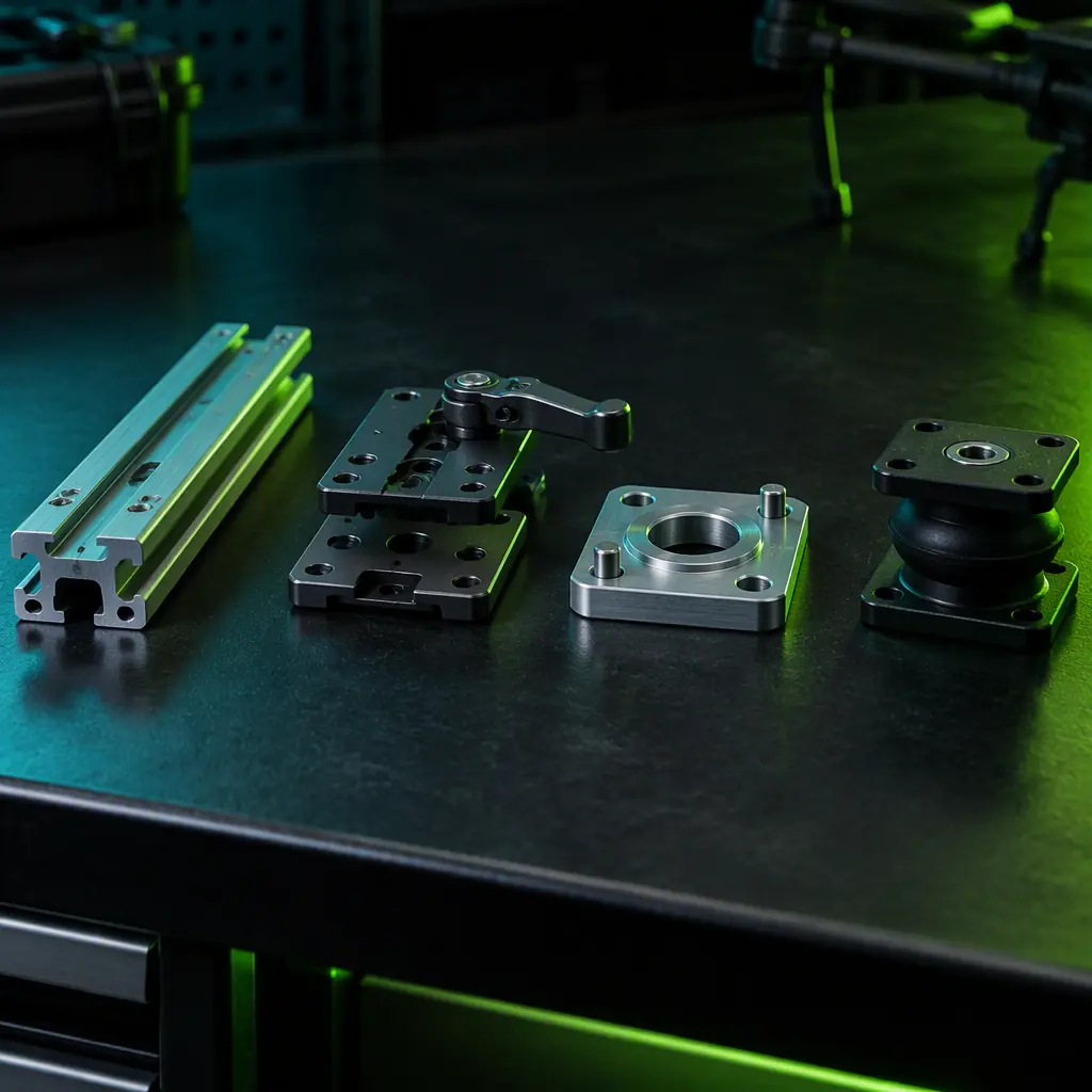 Photorealistic photograph of four separate UAV payload mounting hardware pieces arranged on a dark engineering bench — a machined rail section, a quick-release plate pair with latch, a dowel-located bolt flange, and an elastomer damper mount, each lit from the side with teal and lime green accents, no people faces, no text, no logos