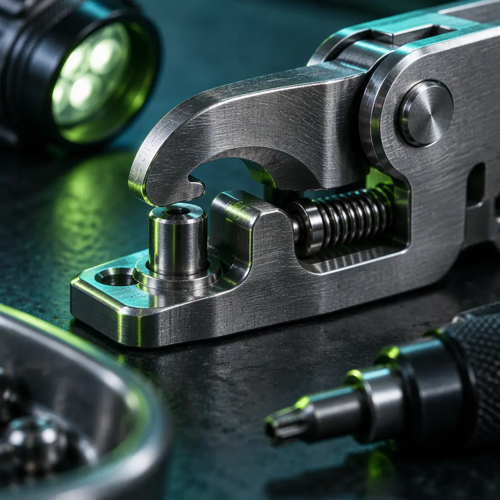 Photorealistic macro photograph of a machined metal quick-release latch mechanism on a dark surface showing its engagement surfaces and a locating pin, with a torque driver and an inspection light partially in frame, teal and lime green accent lighting, no readable text, no people faces, no logos