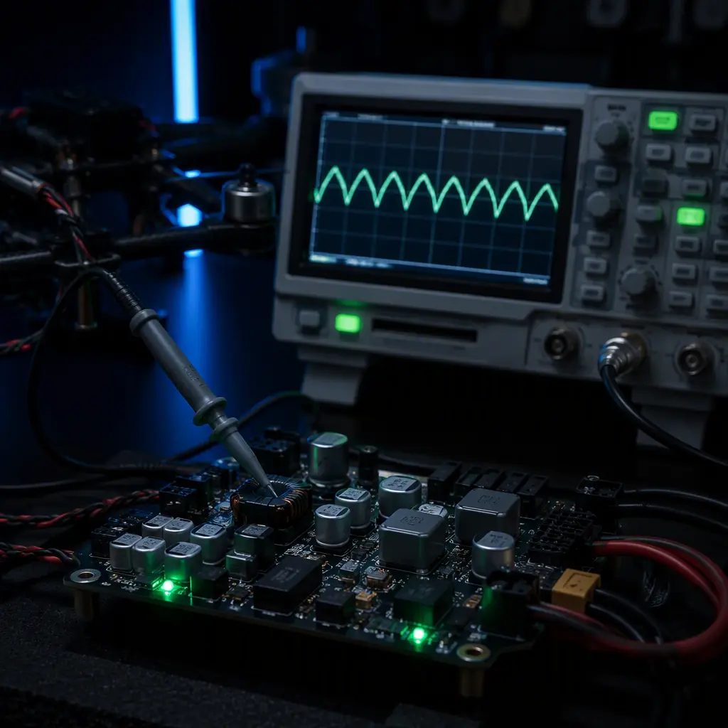 Oscilloscope measuring ripple on a UAV payload power rail — probe on a filter inductor, waveform trace on screen, dark engineering bench with blue and green accent light, no people faces, no text, no logos
