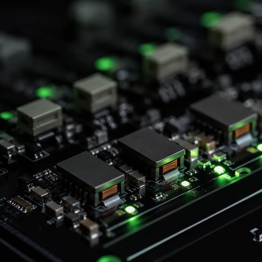 Macro photo of UAV payload power regulators on a distribution board — buck converter modules, filter inductors and capacitors soldered on a dark PCB with green accent lighting, no people faces, no text, no logos