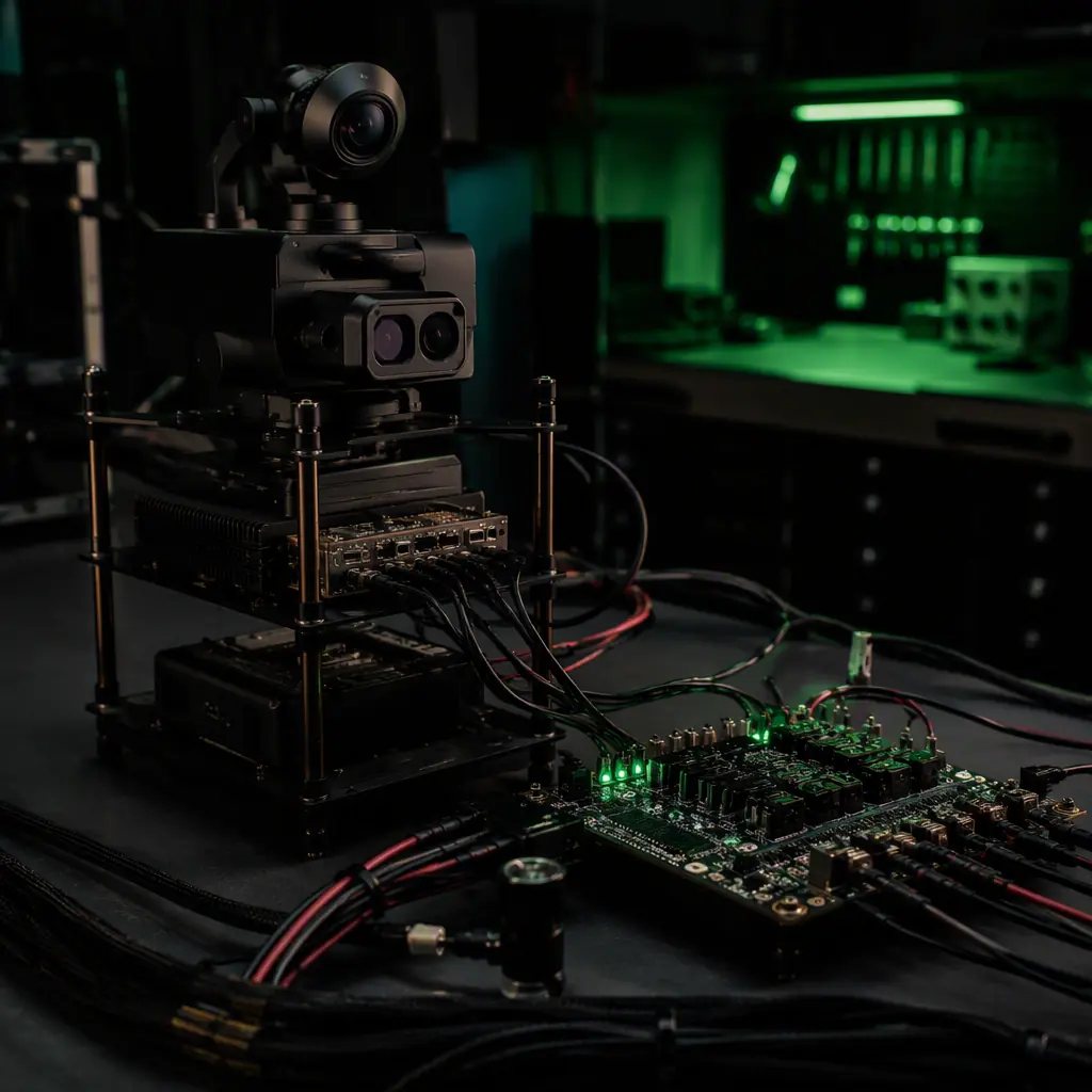UAV payload stack on a test bench during power-on sequencing validation — companion computer, gimbal and sensor modules connected to a power distribution board with load switches, dark workshop with green accent light, no people faces, no text, no logos
