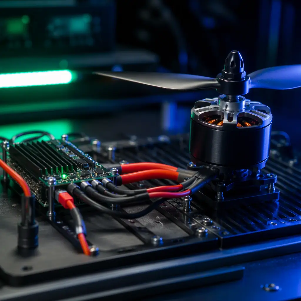 Close-up of a UAV ESC and brushless motor on a test bench connected by heavy gauge wires, propeller mounted, dark workshop background with green and blue accent lighting, professional engineering photography, no people faces, no text, no logos