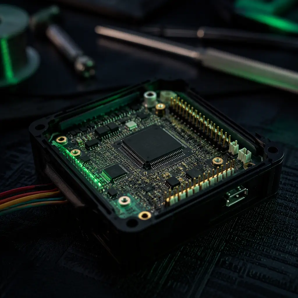 Macro photograph of an open UAV flight controller with visible IMU chip, processor and header pins on a dark anti-static mat, green accent lighting, shallow depth of field, no people faces, no text, no logos