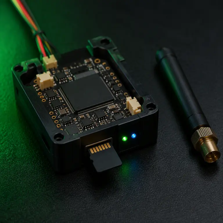 Photograph of a UAV flight data logger module with microSD card slot and status LEDs on a dark surface, telemetry antenna beside it, green accent lighting, macro engineering shot, no people faces, no text, no logos