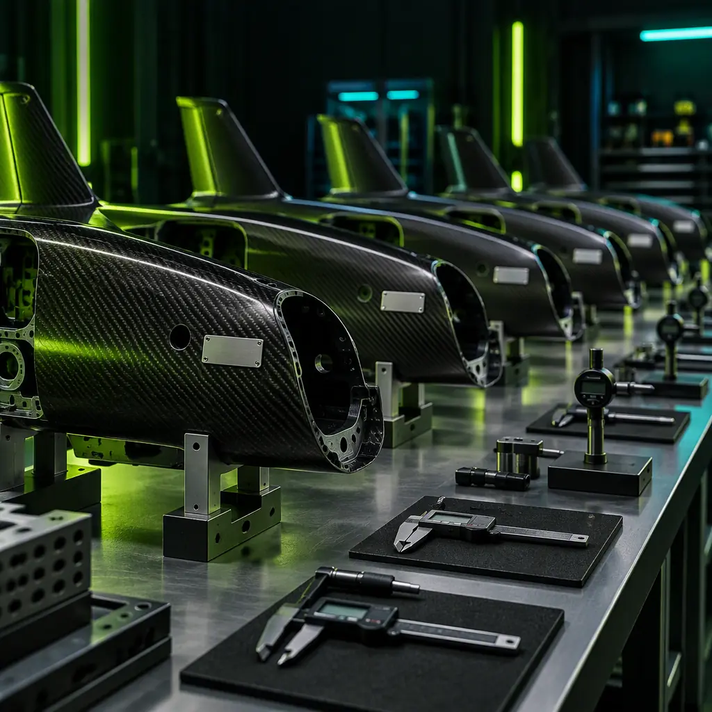 Photorealistic photograph of several identical carbon fiber UAV airframe sections in a row on an inspection bench in a clean assembly workshop, each tagged with a serial label, with measurement instruments laid out alongside, teal and lime green accent lighting, no people faces, no readable text, no logos