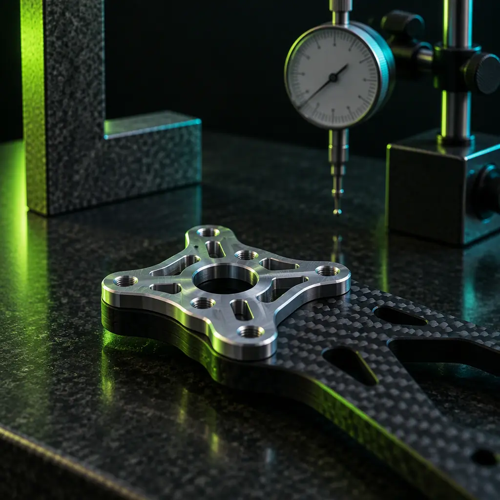 Photorealistic macro photograph of a machined aluminium UAV motor mount plate and a carbon fiber frame section resting together on a dark granite surface inspection table, with a dial indicator and a granite square partially in frame, teal accent lighting, no people faces, no readable text, no logos