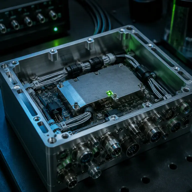 Photograph of an EMC-shielded flight controller board inside a machined aluminum enclosure with filtered connector panel, on a dark laboratory bench, green status LED, precision electronics aesthetic, no people faces, no text, no logos