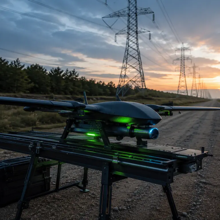 Photograph of a long-endurance UAV with high-capacity Li-Ion battery packs and compact LiDAR payload on a launch table beside a dirt road under transmission towers, green and blue accent lighting, professional field operations atmosphere, no people faces, no text, no logos