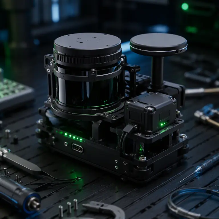 Macro photograph of a compact UAV LiDAR scanner module with visible rotating scan head, IMU housing and GNSS antenna mount on a dark engineering bench, green LED indicators, precision survey instrument aesthetic, no people faces, no text, no logos